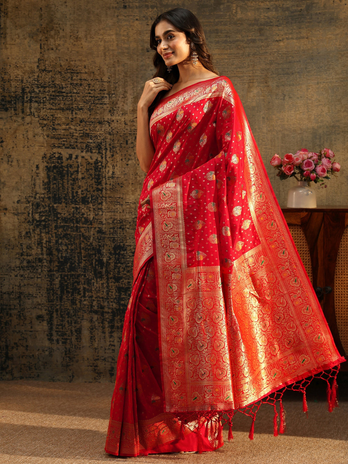 Anouk Vermilion Red Banarasi Silk Blend Saree