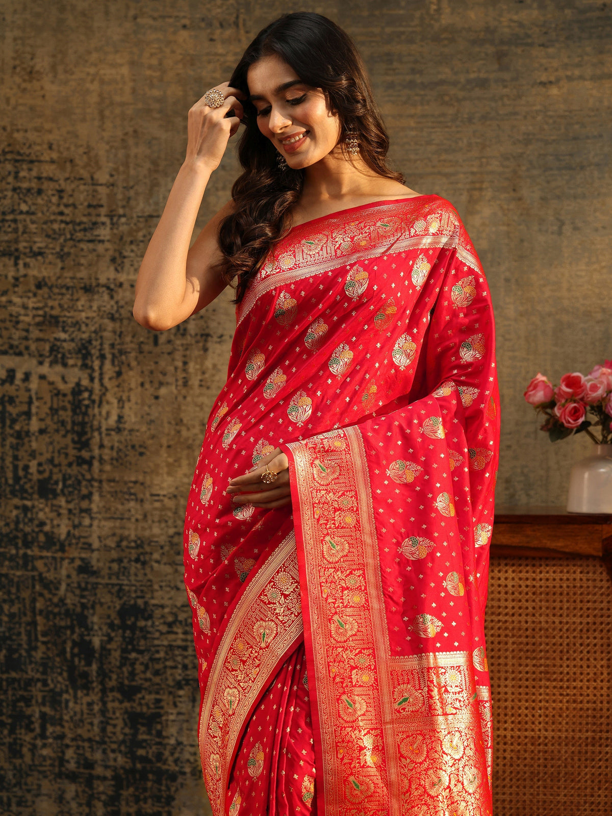 Anouk Vermilion Red Banarasi Silk Blend Saree
