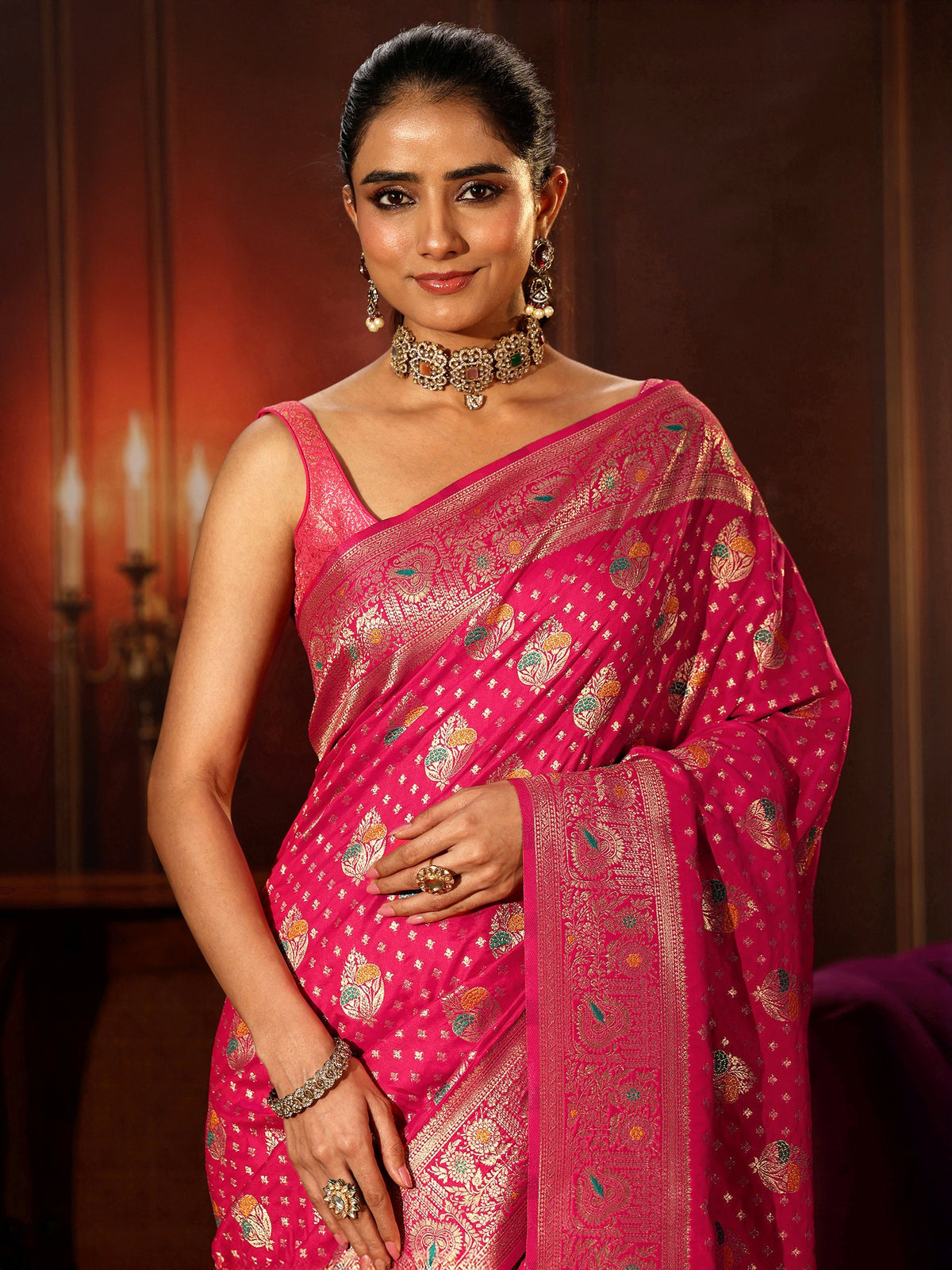Anouk Rani Pink Banarasi Silk Blend Saree