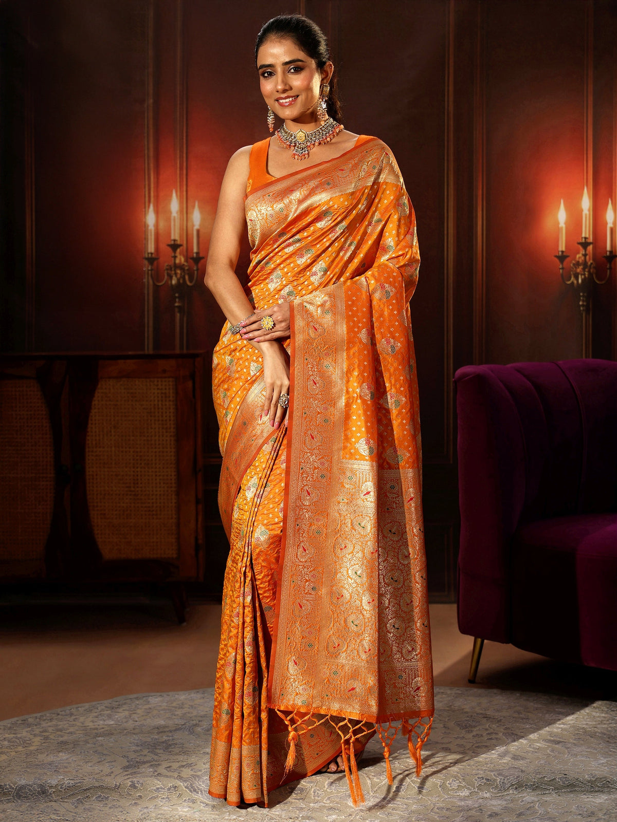 Anouk Orange Banarasi Silk Blend Saree