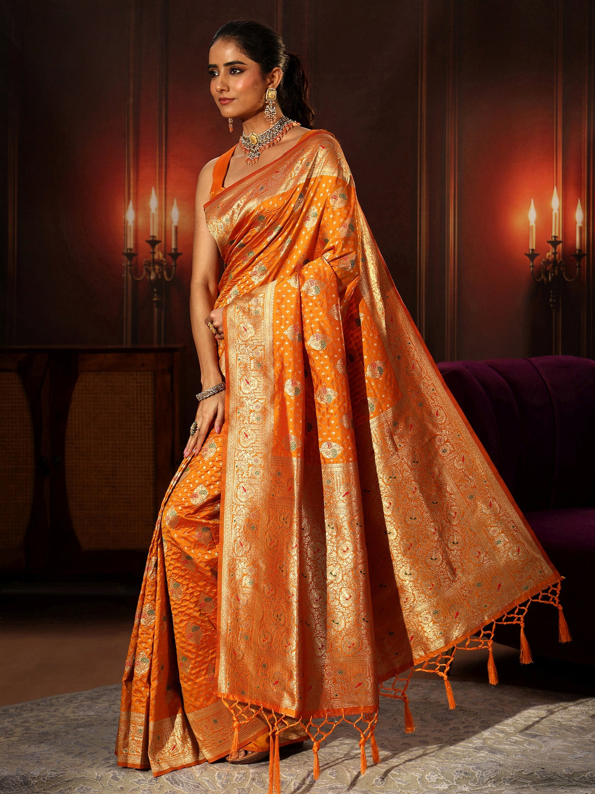 Anouk Orange Banarasi Silk Blend Saree