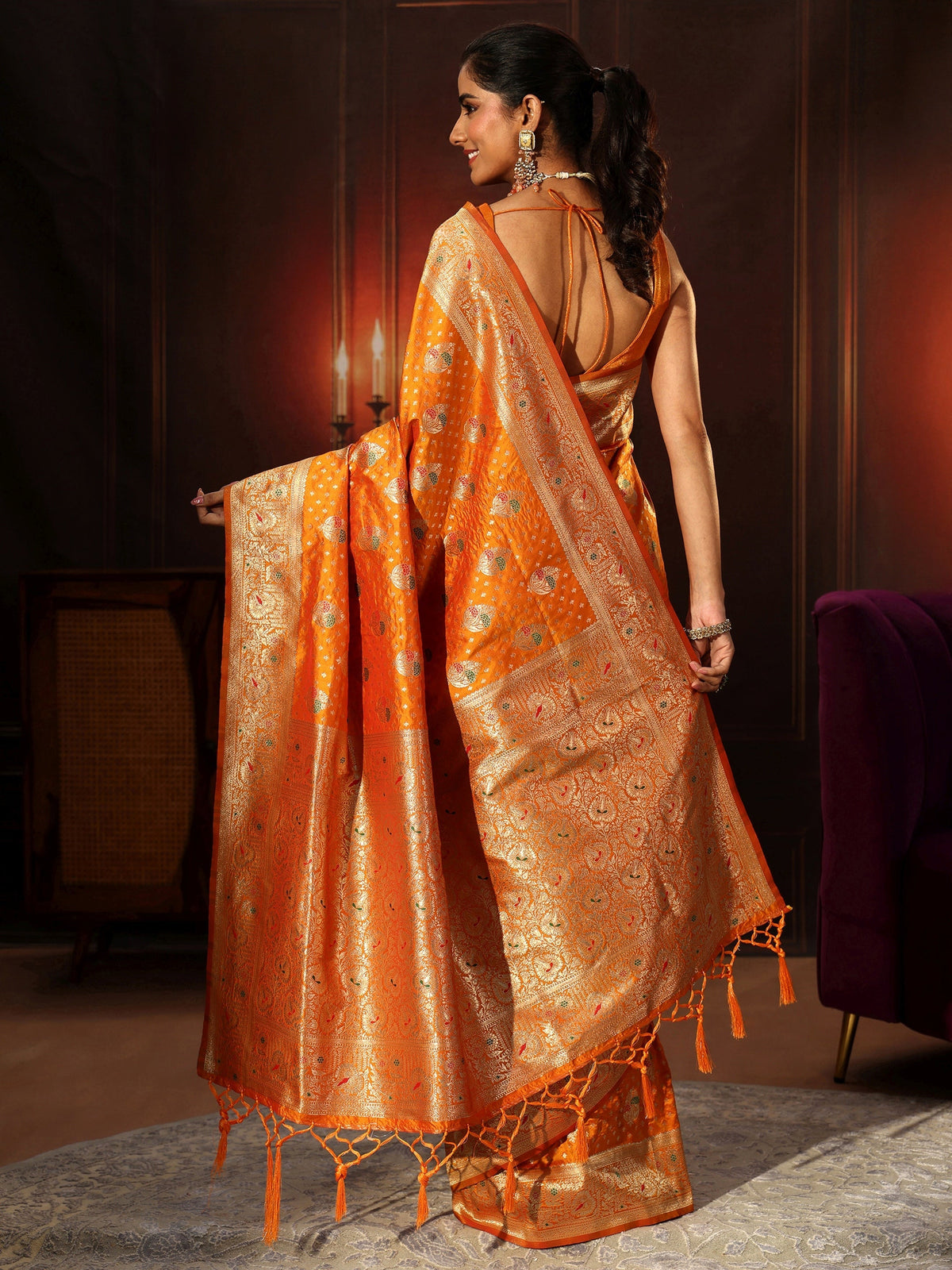 Anouk Orange Banarasi Silk Blend Saree