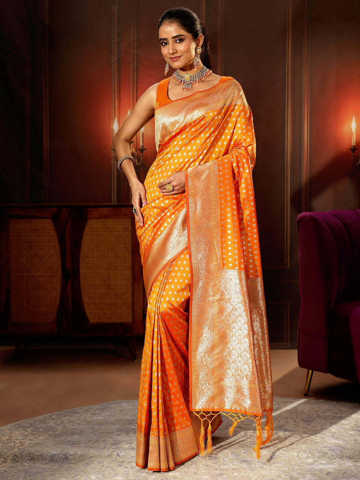 Anouk Orange Banarasi Silk Blend Saree