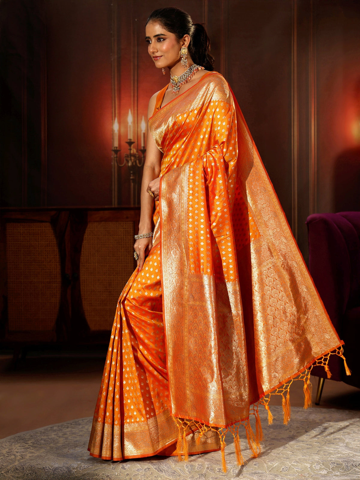 Anouk Orange Banarasi Silk Blend Saree