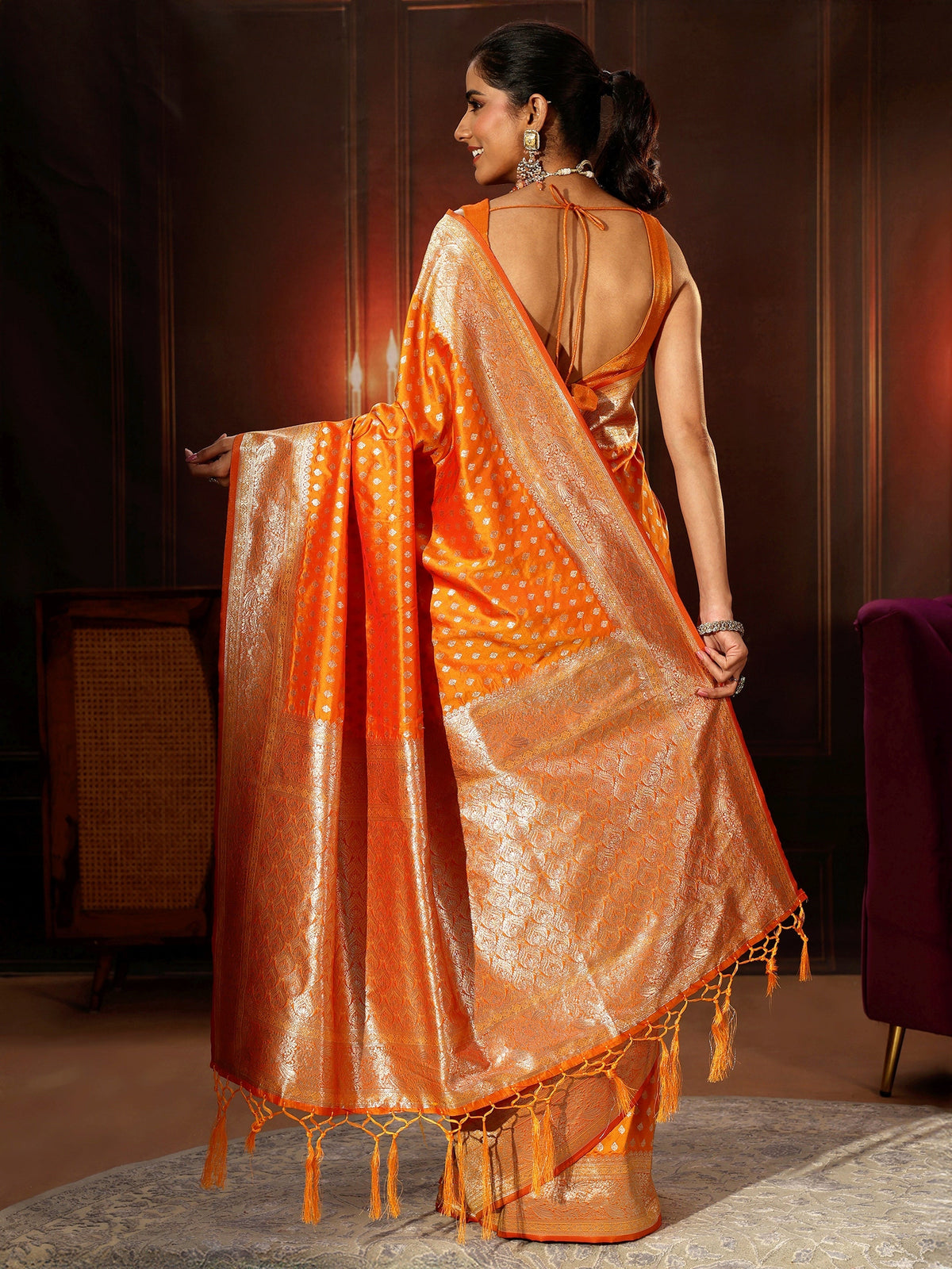 Anouk Orange Banarasi Silk Blend Saree