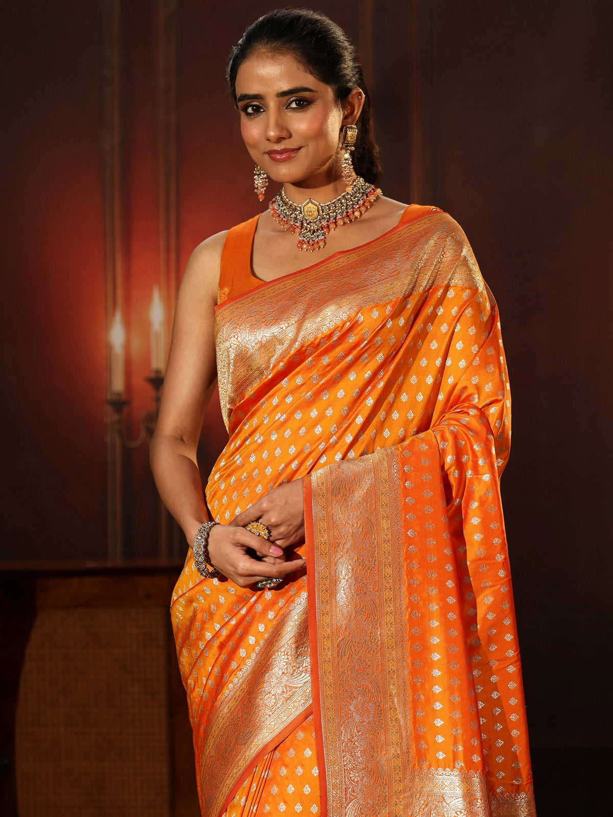 Anouk Orange Banarasi Silk Blend Saree