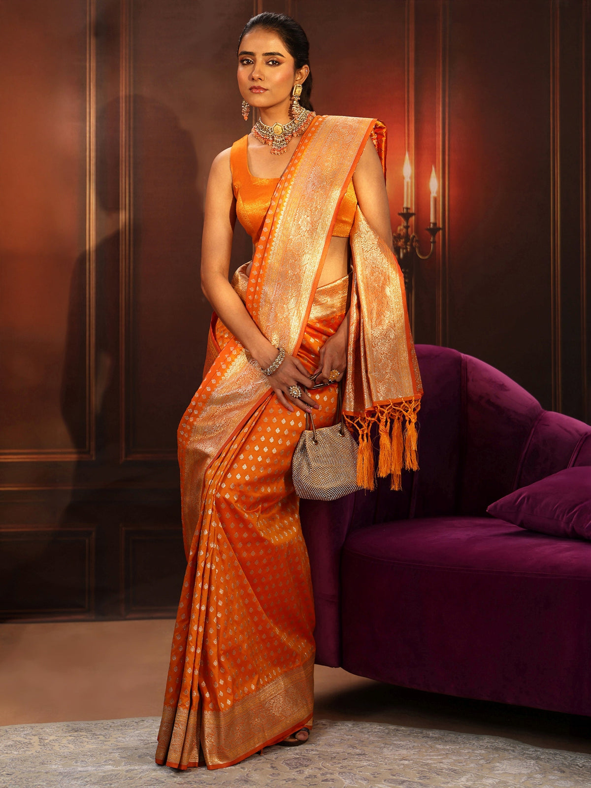 Anouk Orange Banarasi Silk Blend Saree
