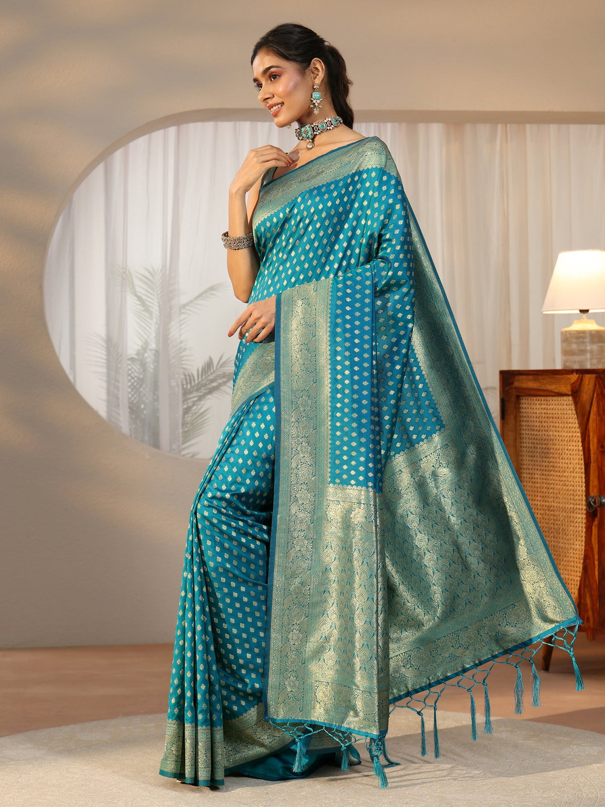 Anouk Teal Blue Banarasi Silk Blend Saree