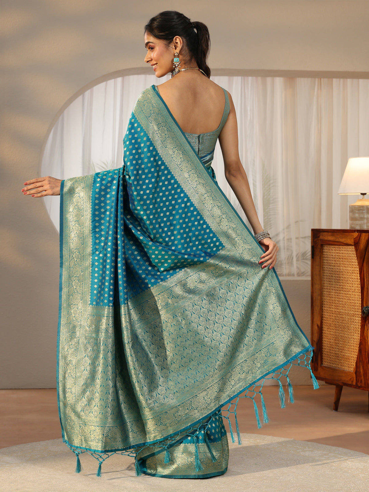 Anouk Teal Blue Banarasi Silk Blend Saree