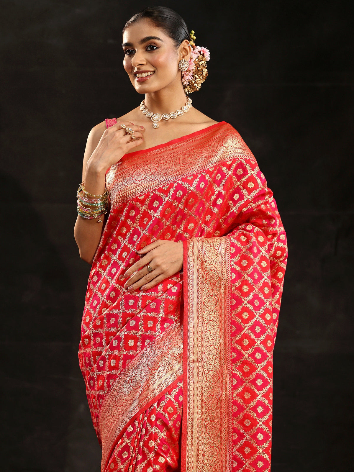 Anouk Vermilion Red Banarasi Silk Blend Saree