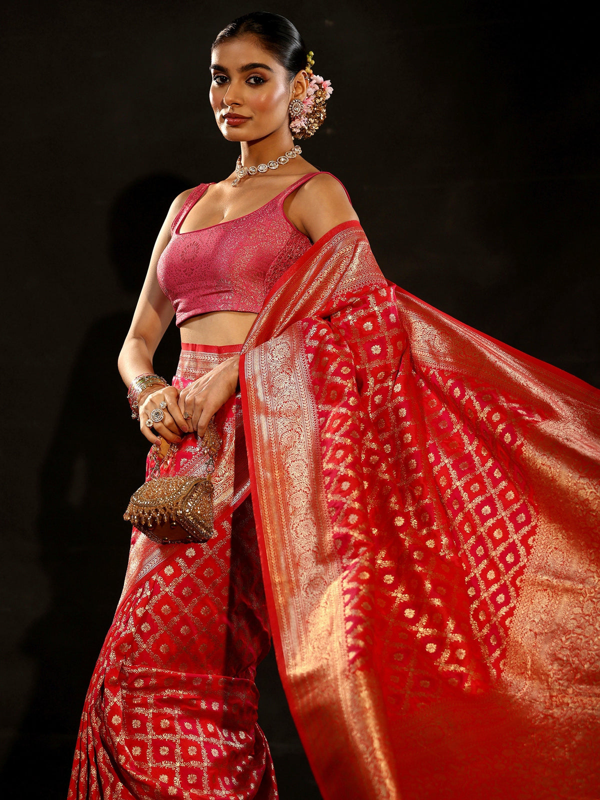 Anouk Vermilion Red Banarasi Silk Blend Saree