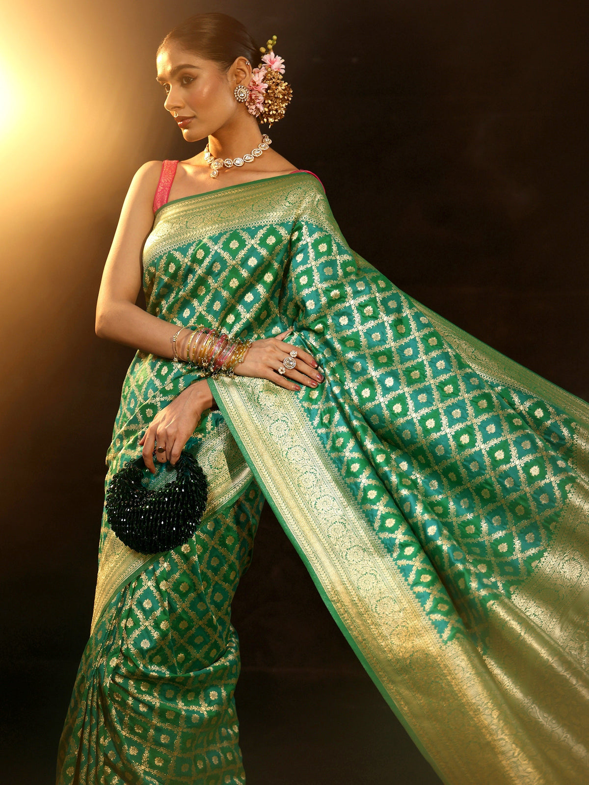 Anouk Sea Green Banarasi Silk Blend Saree