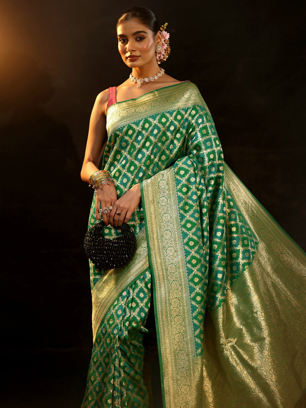 Anouk Sea Green Banarasi Silk Blend Saree