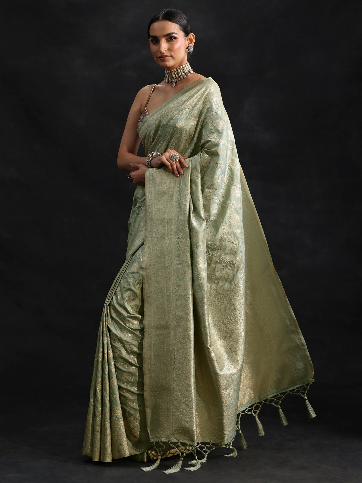 Anouk Mint Green Banarasi Silk Blend Saree