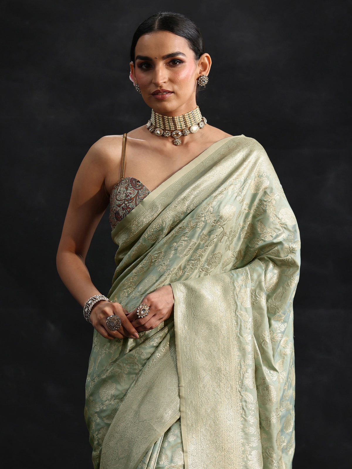 Anouk Mint Green Banarasi Silk Blend Saree