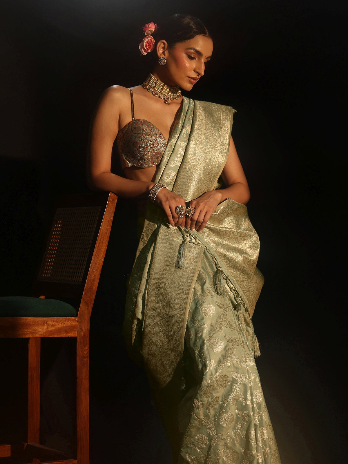 Anouk Mint Green Banarasi Silk Blend Saree