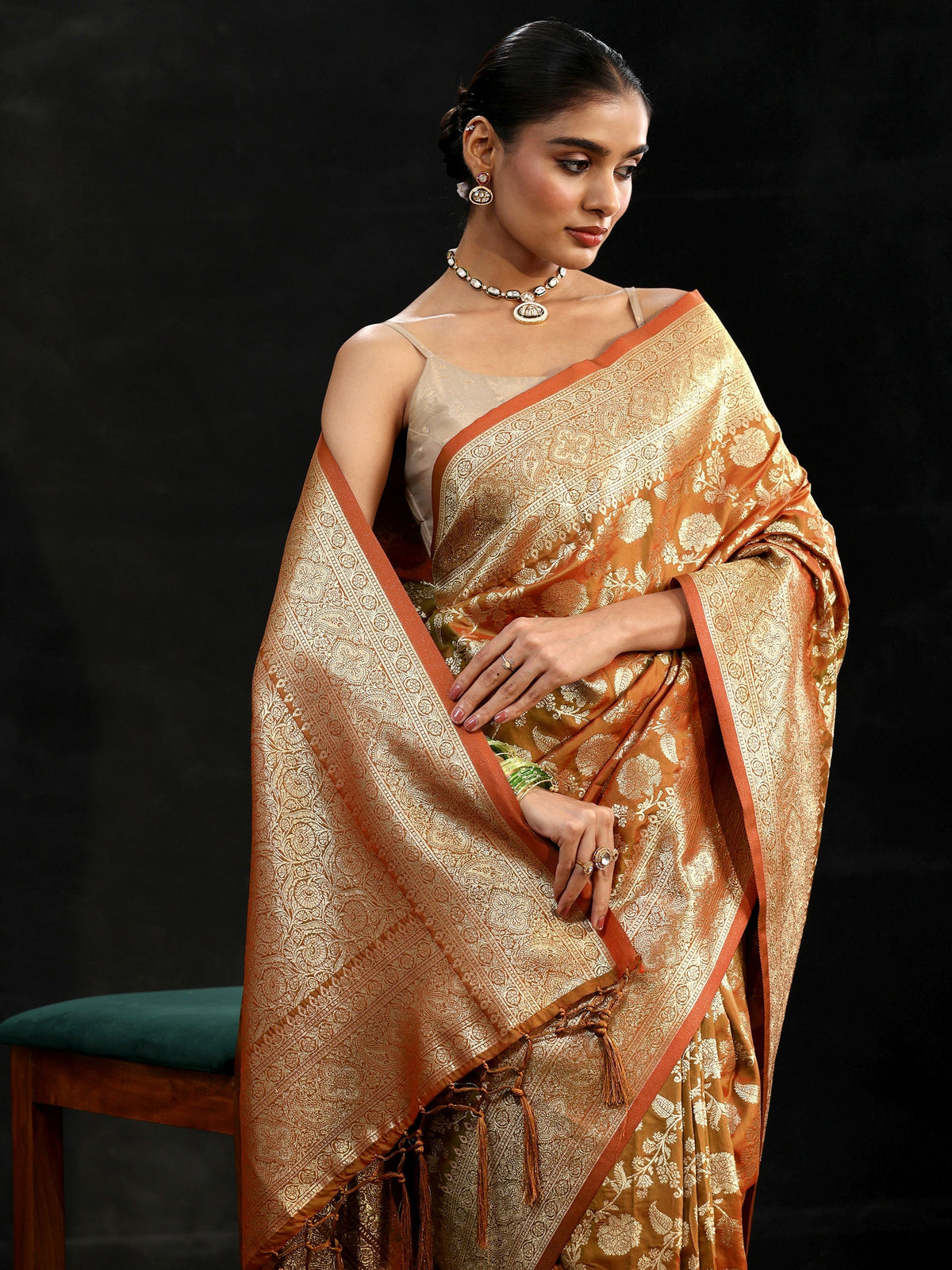 Anouk Rust Brown Banarasi Silk Blend Saree