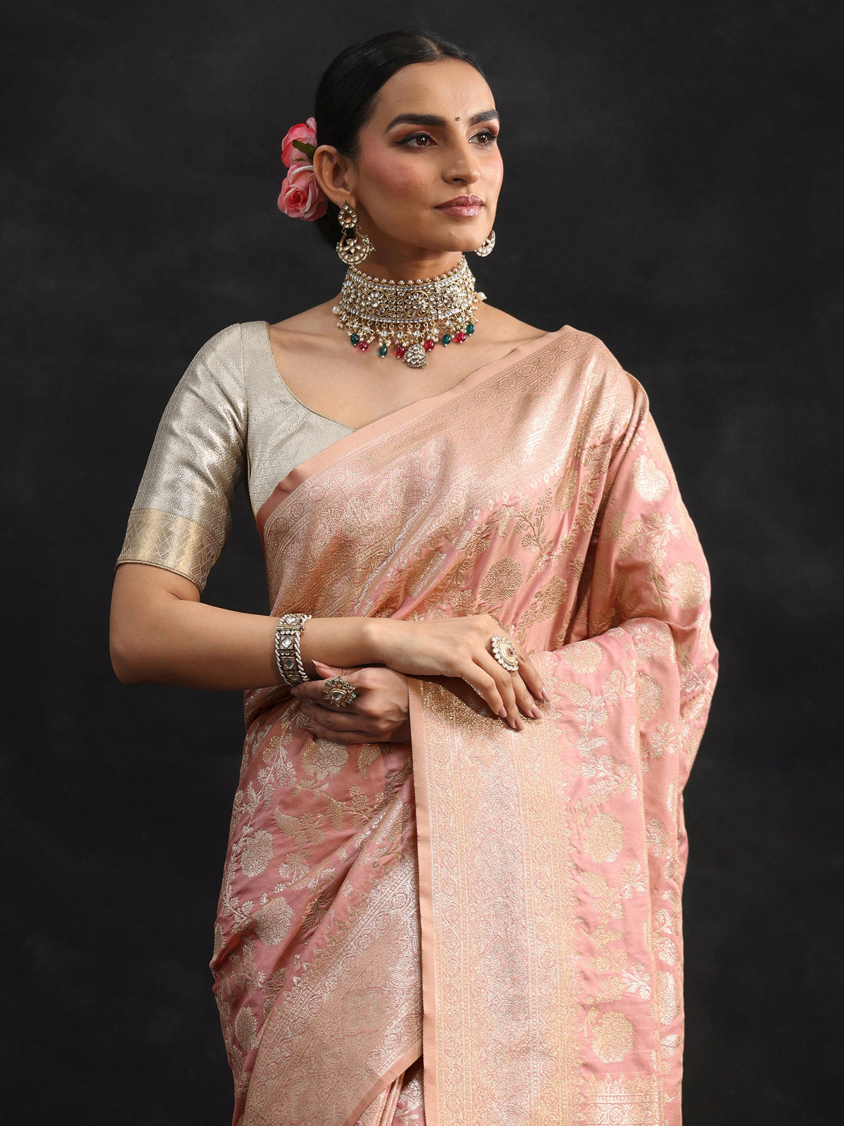 Anouk Baby Pink Banarasi Silk Blend Saree