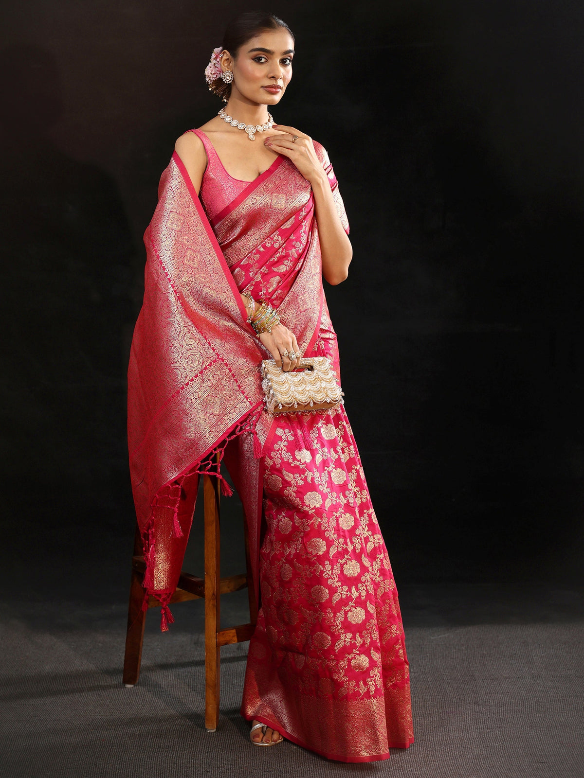 Anouk Rani Pink Banarasi Silk Blend Saree