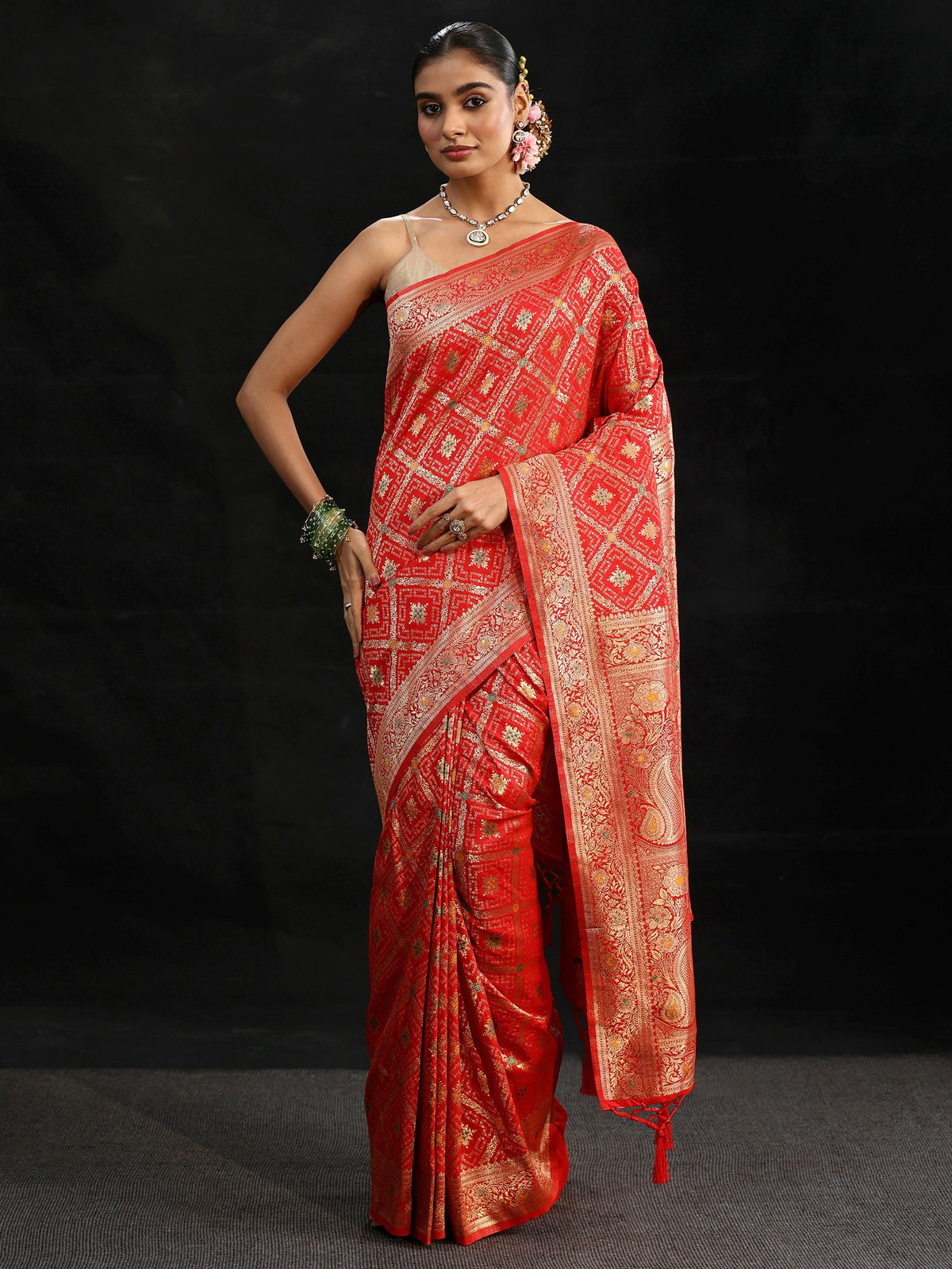 Anouk Vermilion Red Gharchola Silk Blend Saree