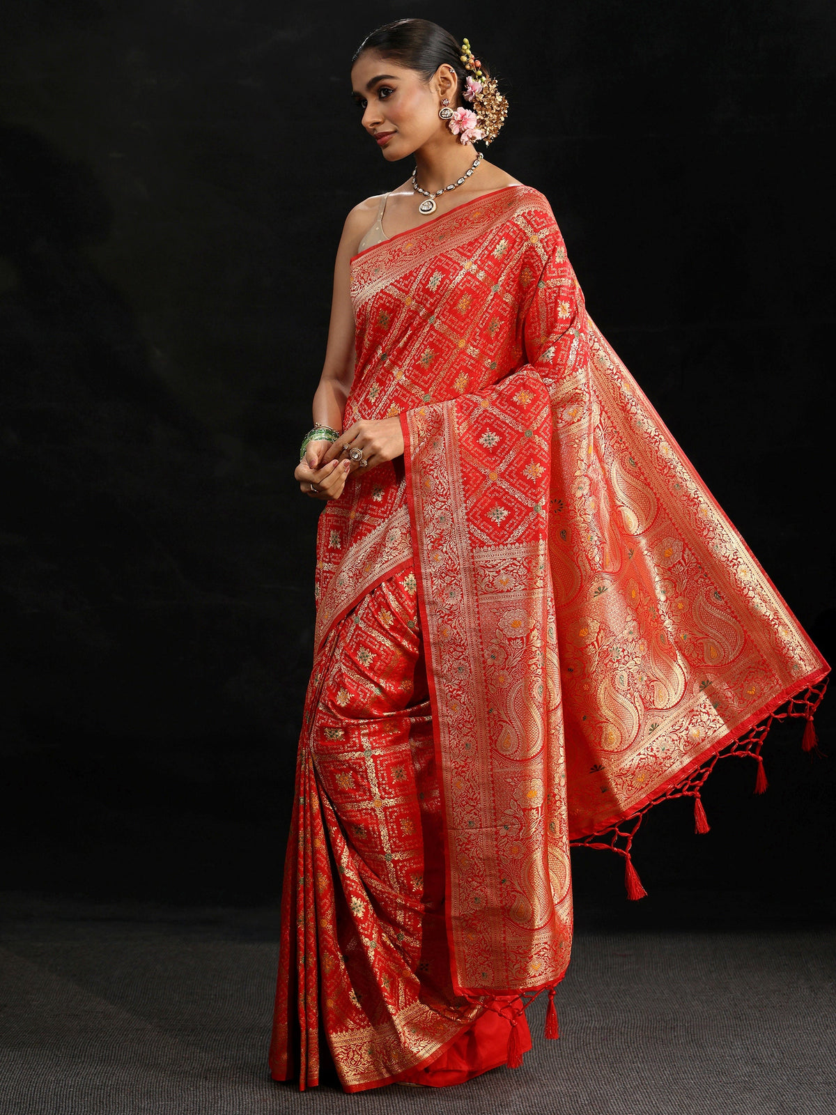 Anouk Vermilion Red Gharchola Silk Blend Saree