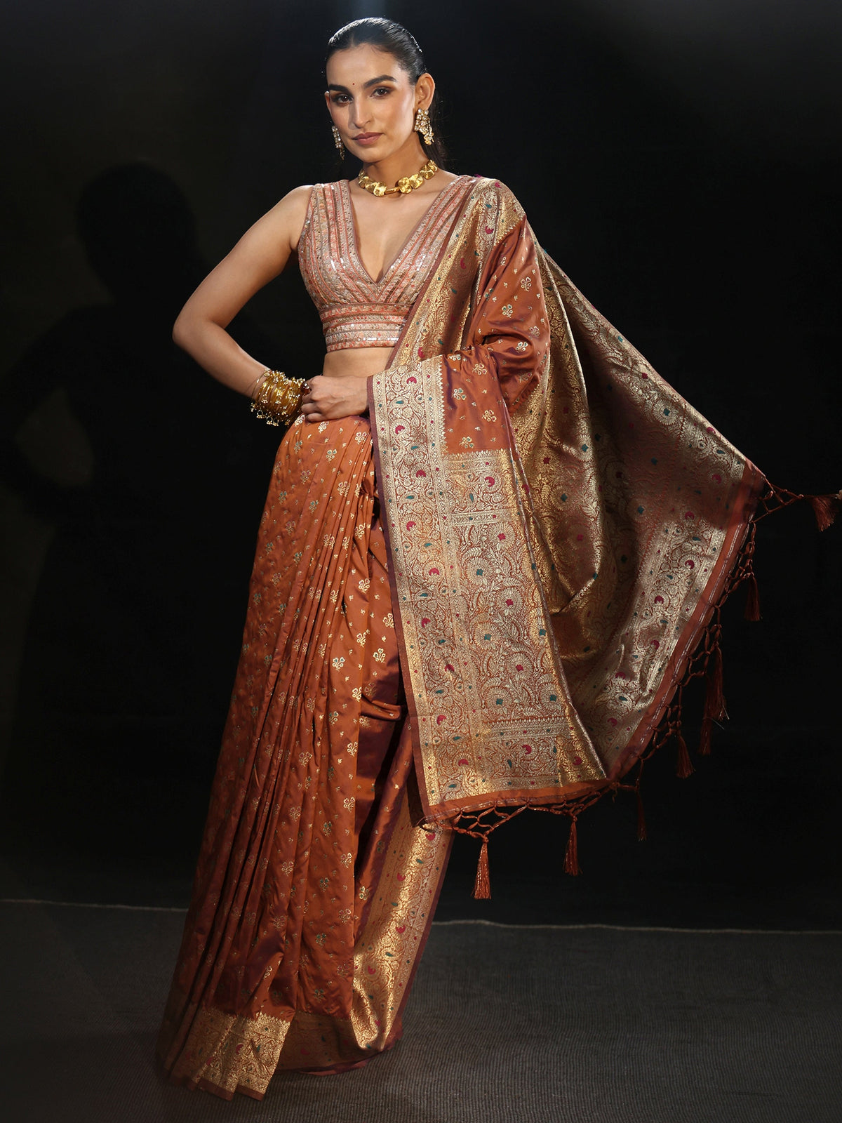 Anouk Rust Brown Banarasi Silk Blend Saree
