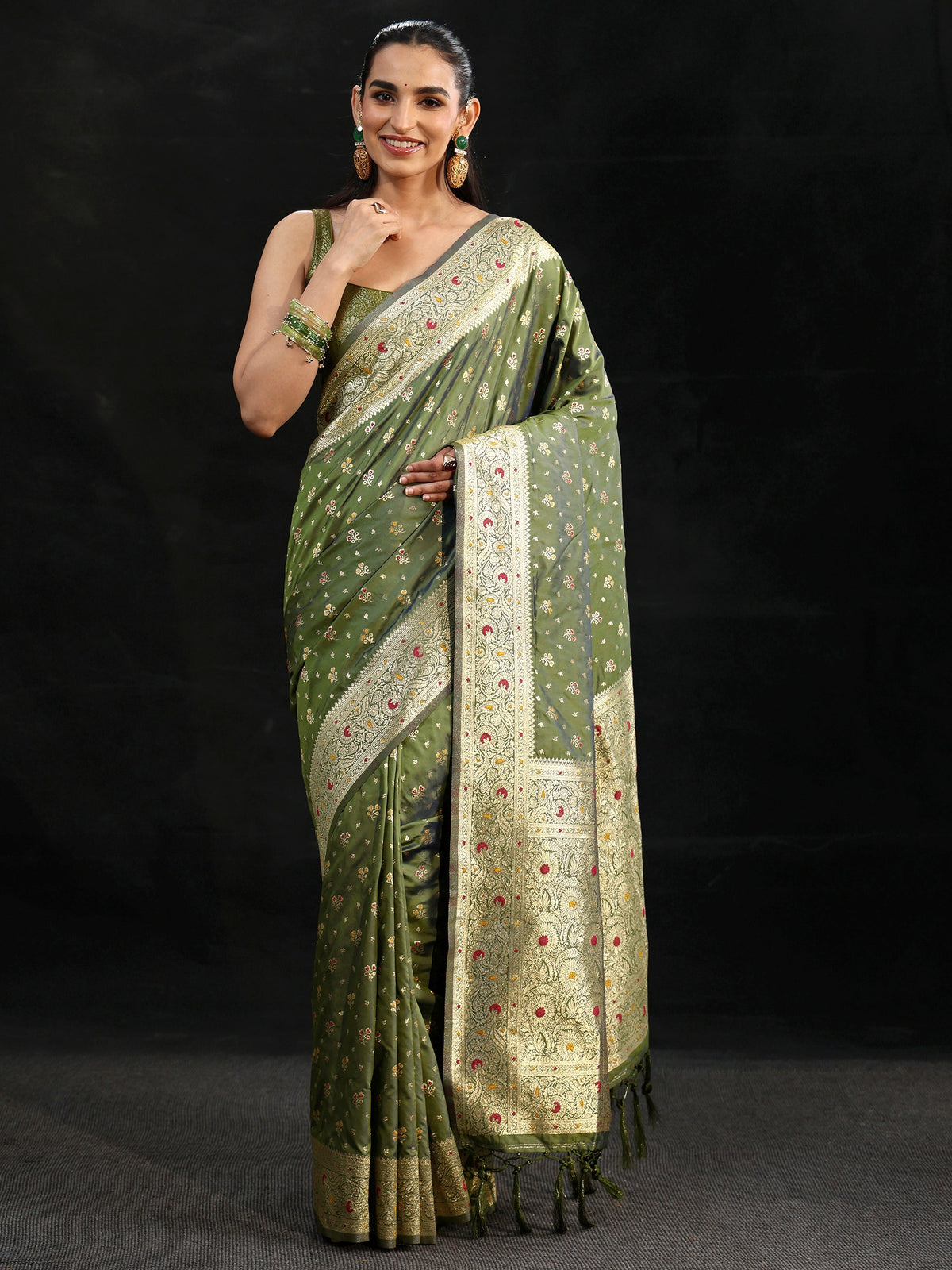 Anouk Olive Green Banarasi Silk Blend Saree