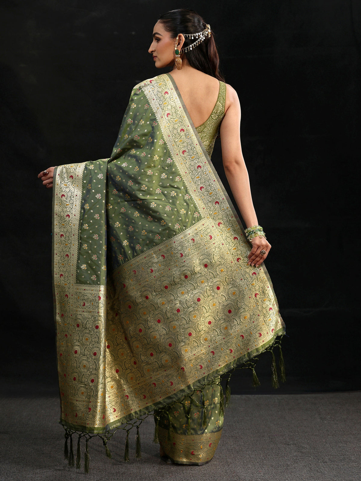 Anouk Olive Green Banarasi Silk Blend Saree