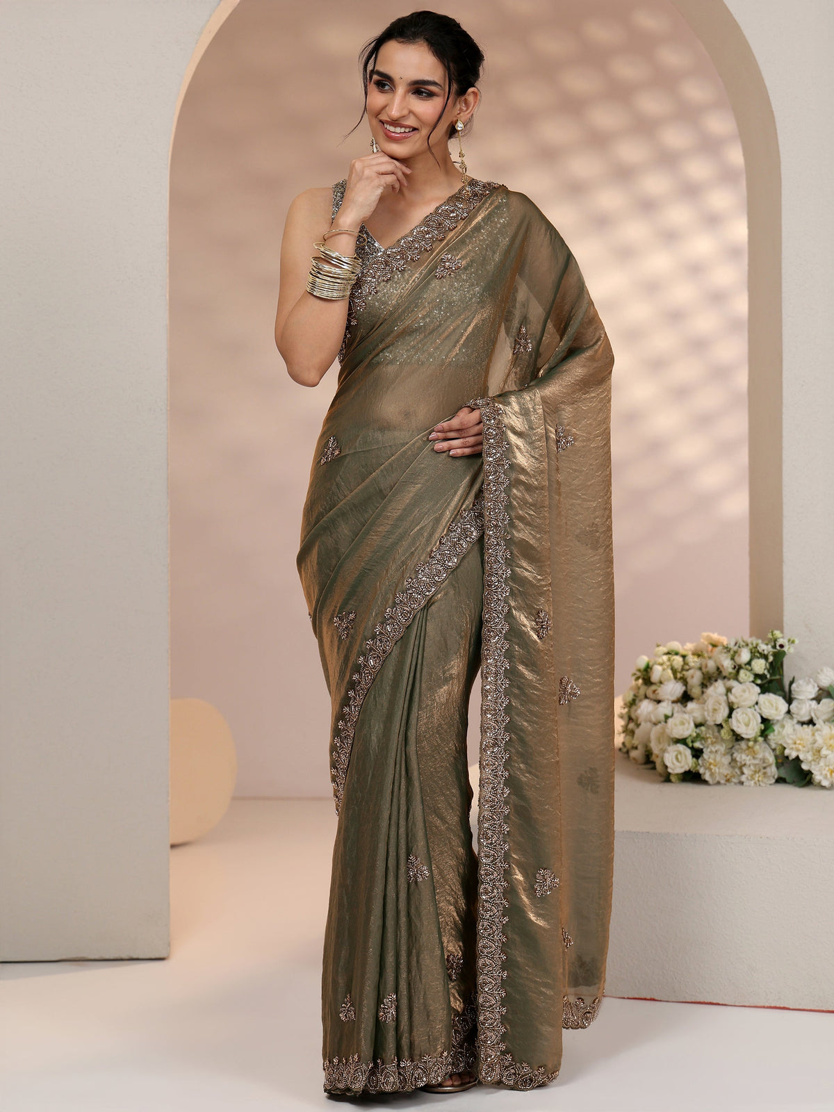 Anouk Metallic Olive Green Embellished Tissue Saree