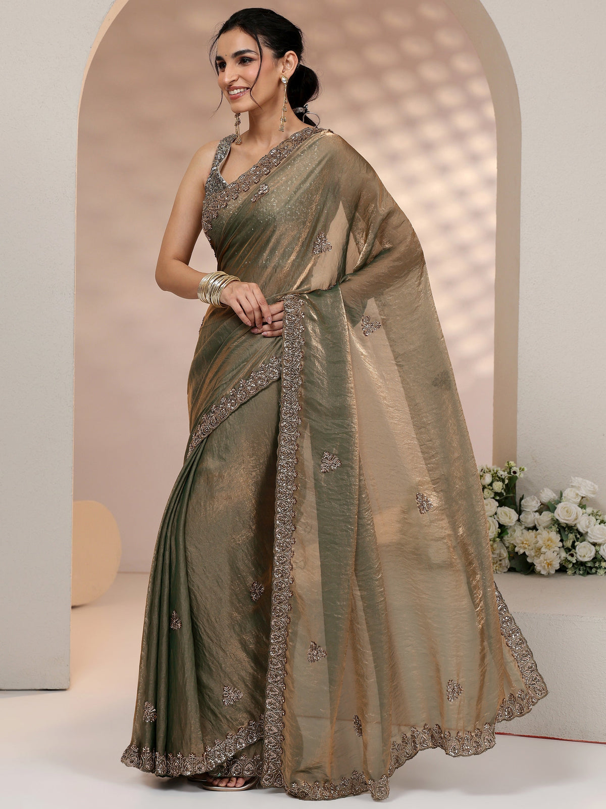 Anouk Metallic Olive Green Embellished Tissue Saree