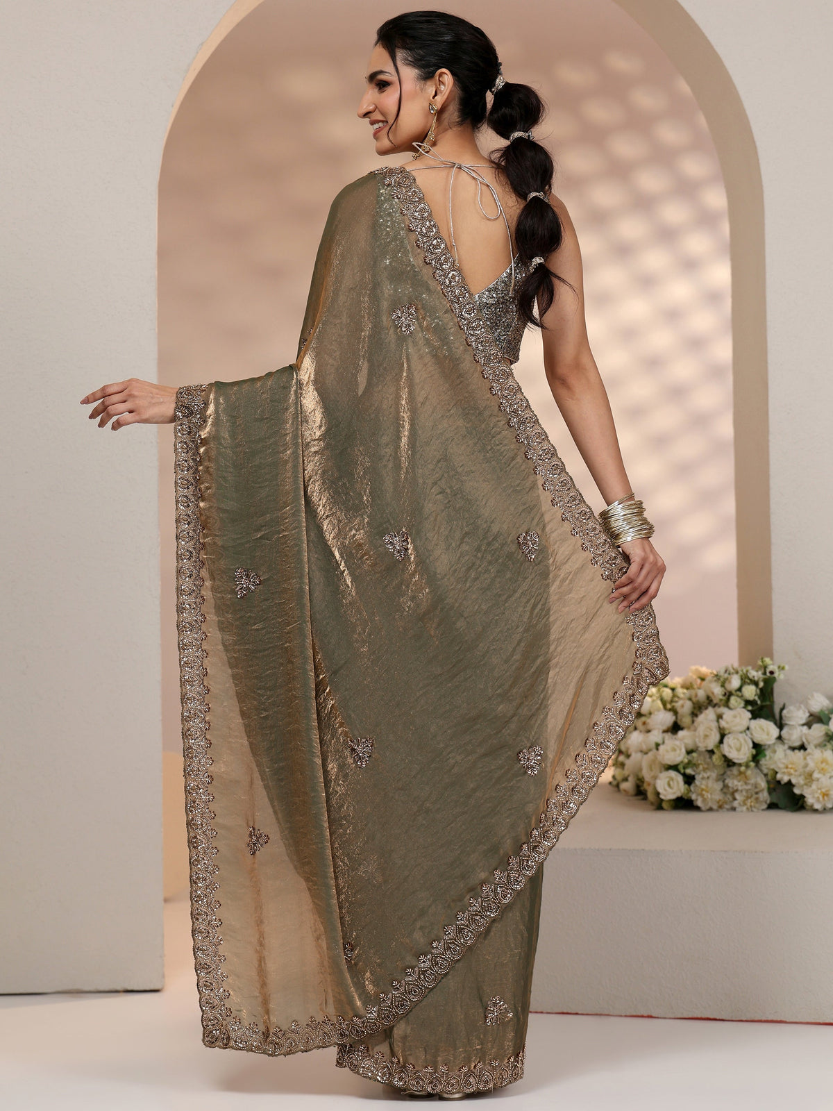 Anouk Metallic Olive Green Embellished Tissue Saree