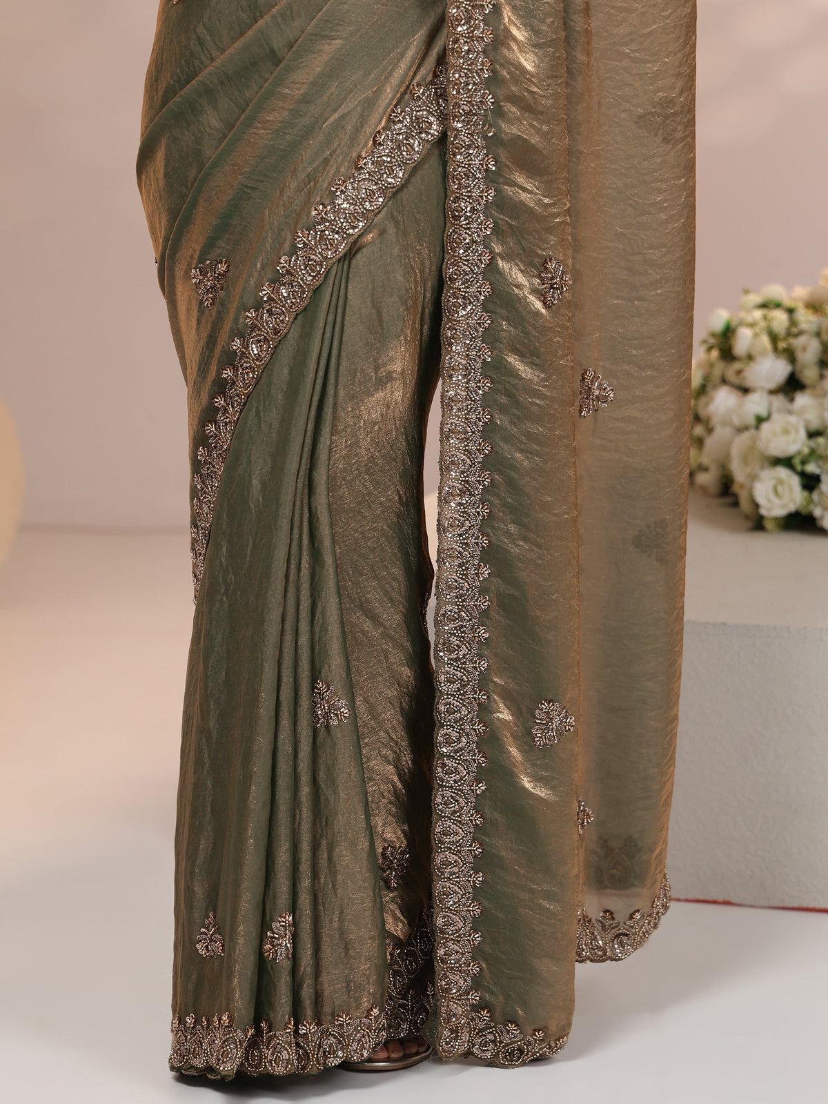 Anouk Metallic Olive Green Embellished Tissue Saree