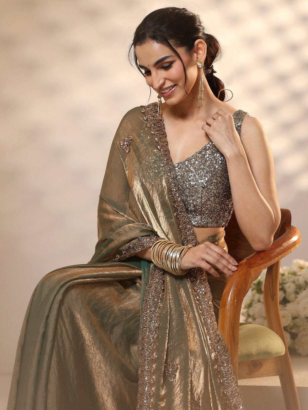 Anouk Metallic Olive Green Embellished Tissue Saree