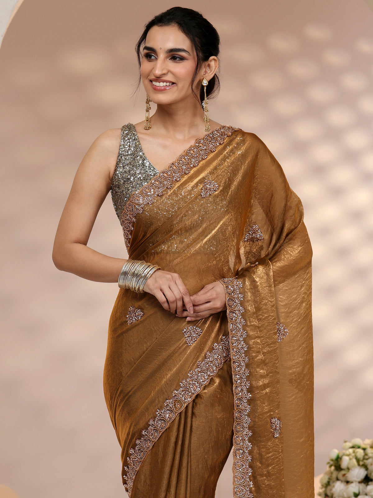 Anouk Brown Embellished Tissue Saree