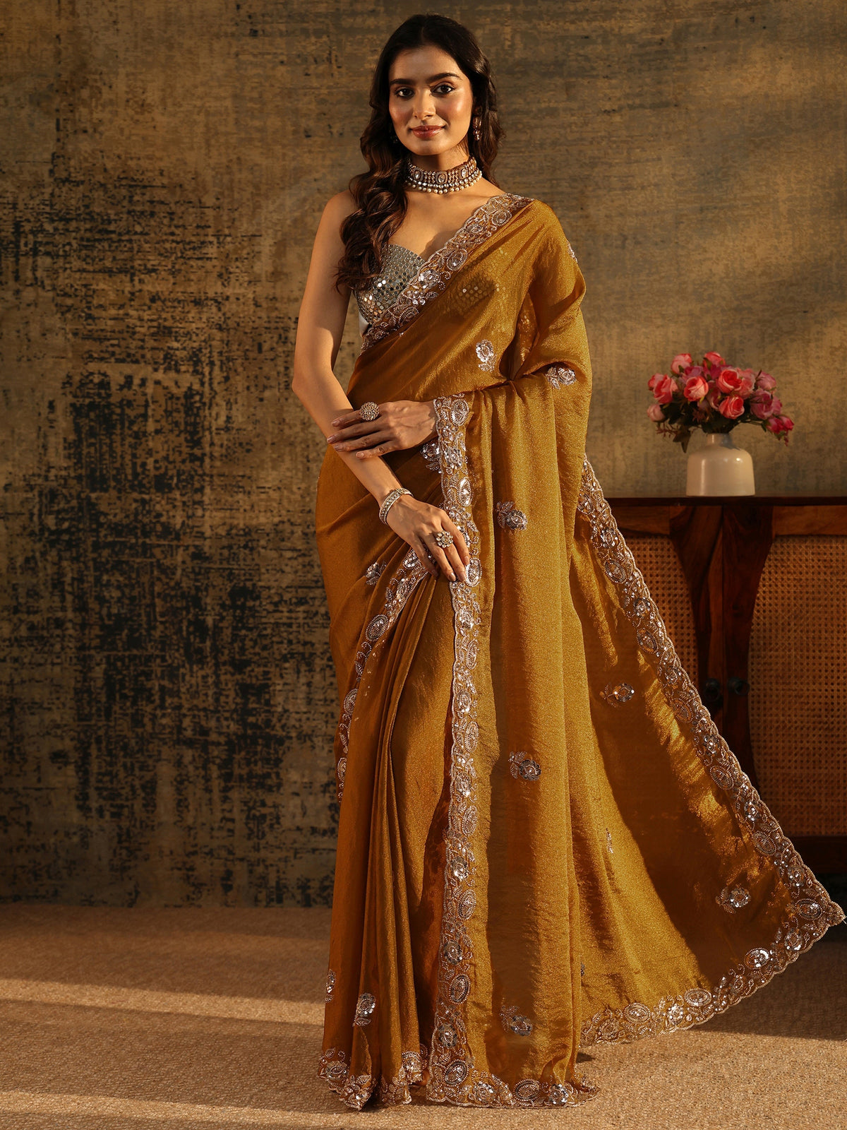 Anouk Art Antique Gold Sequin Embellished Georgette Saree