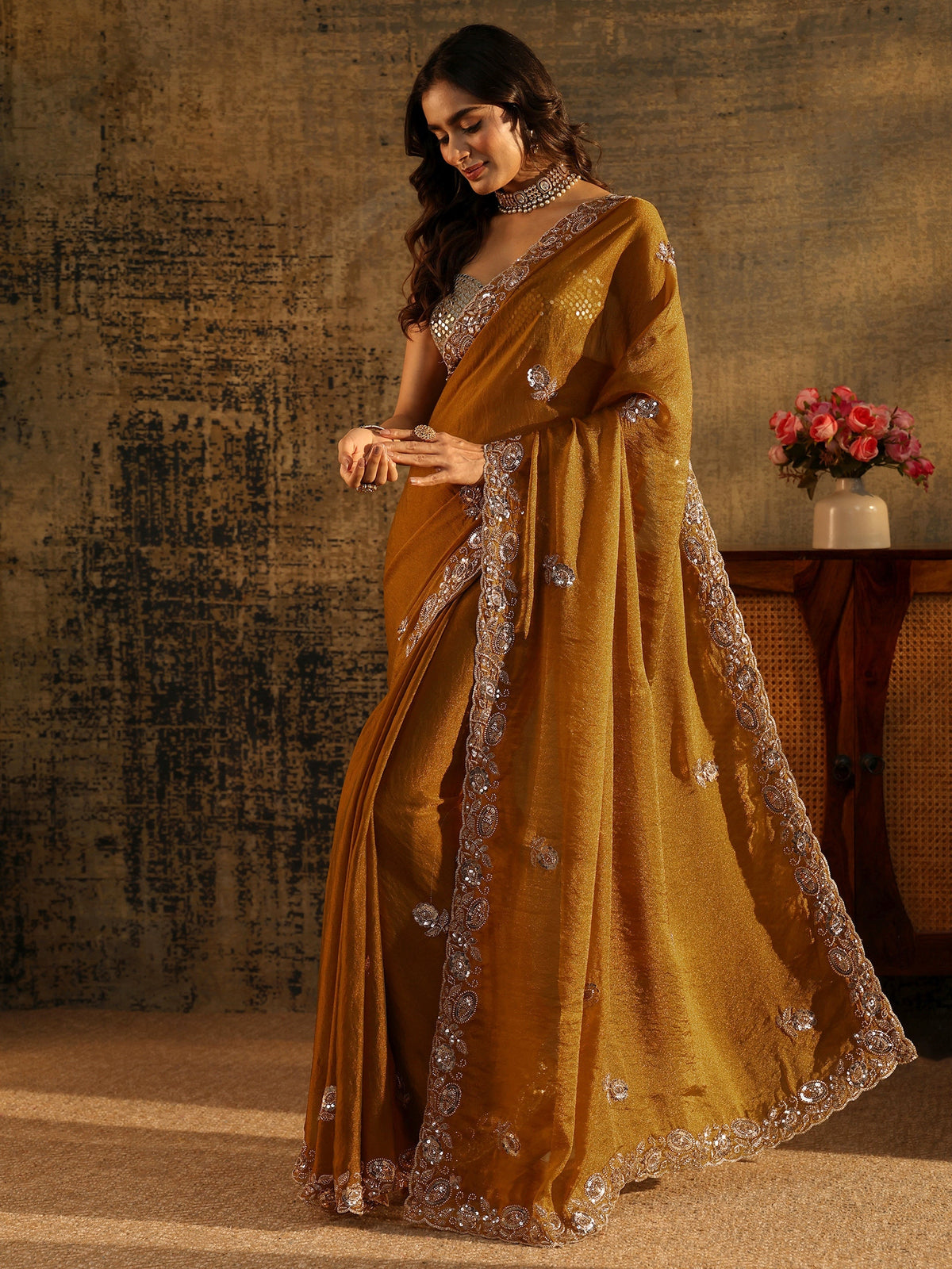Anouk Art Antique Gold Sequin Embellished Georgette Saree