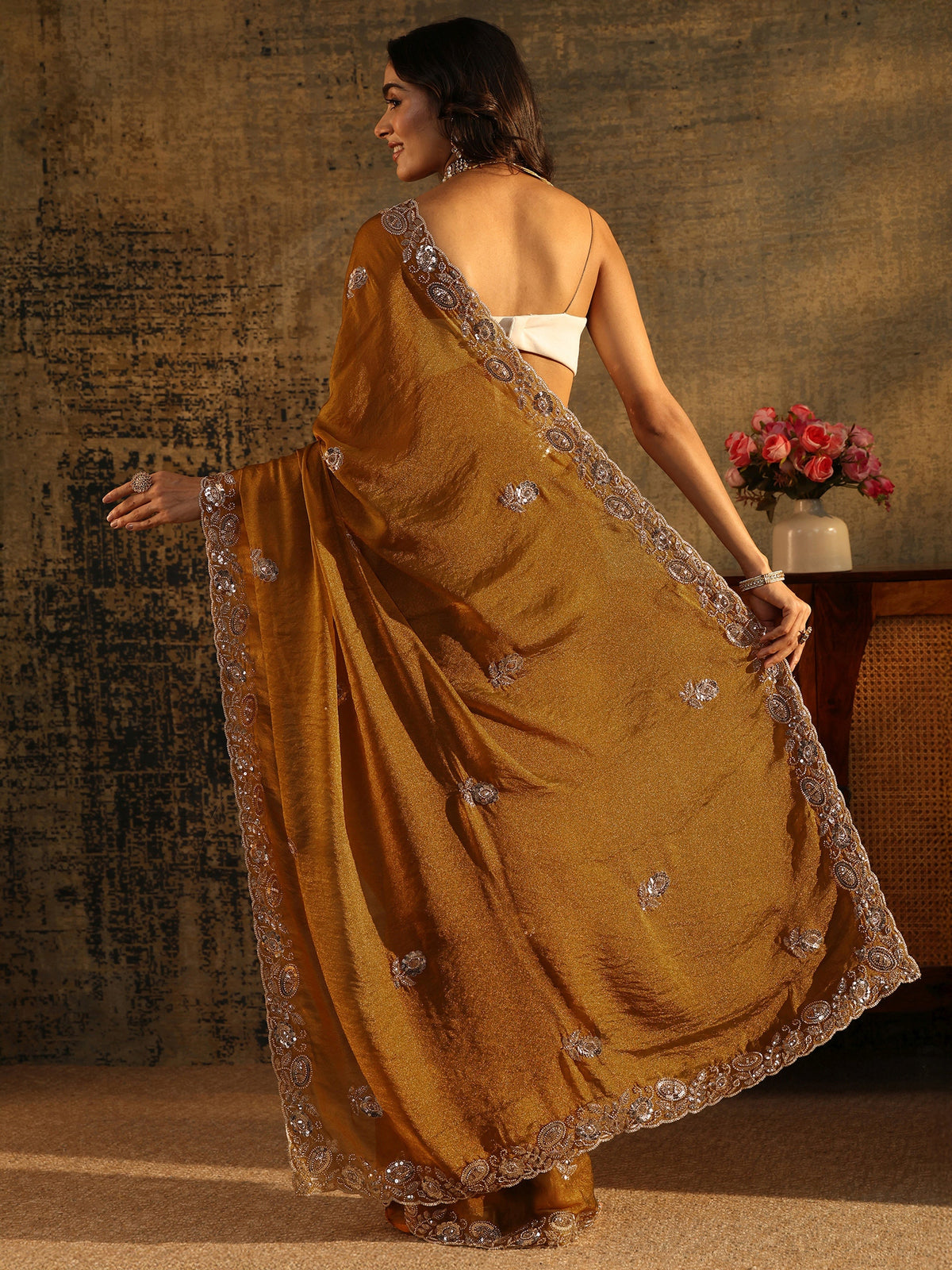 Anouk Art Antique Gold Sequin Embellished Georgette Saree