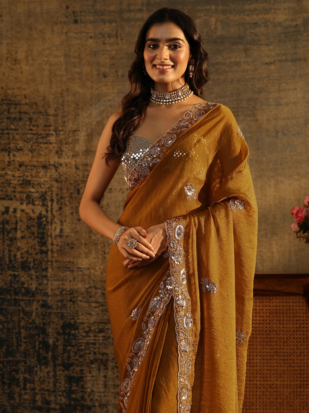 Anouk Art Antique Gold Sequin Embellished Georgette Saree