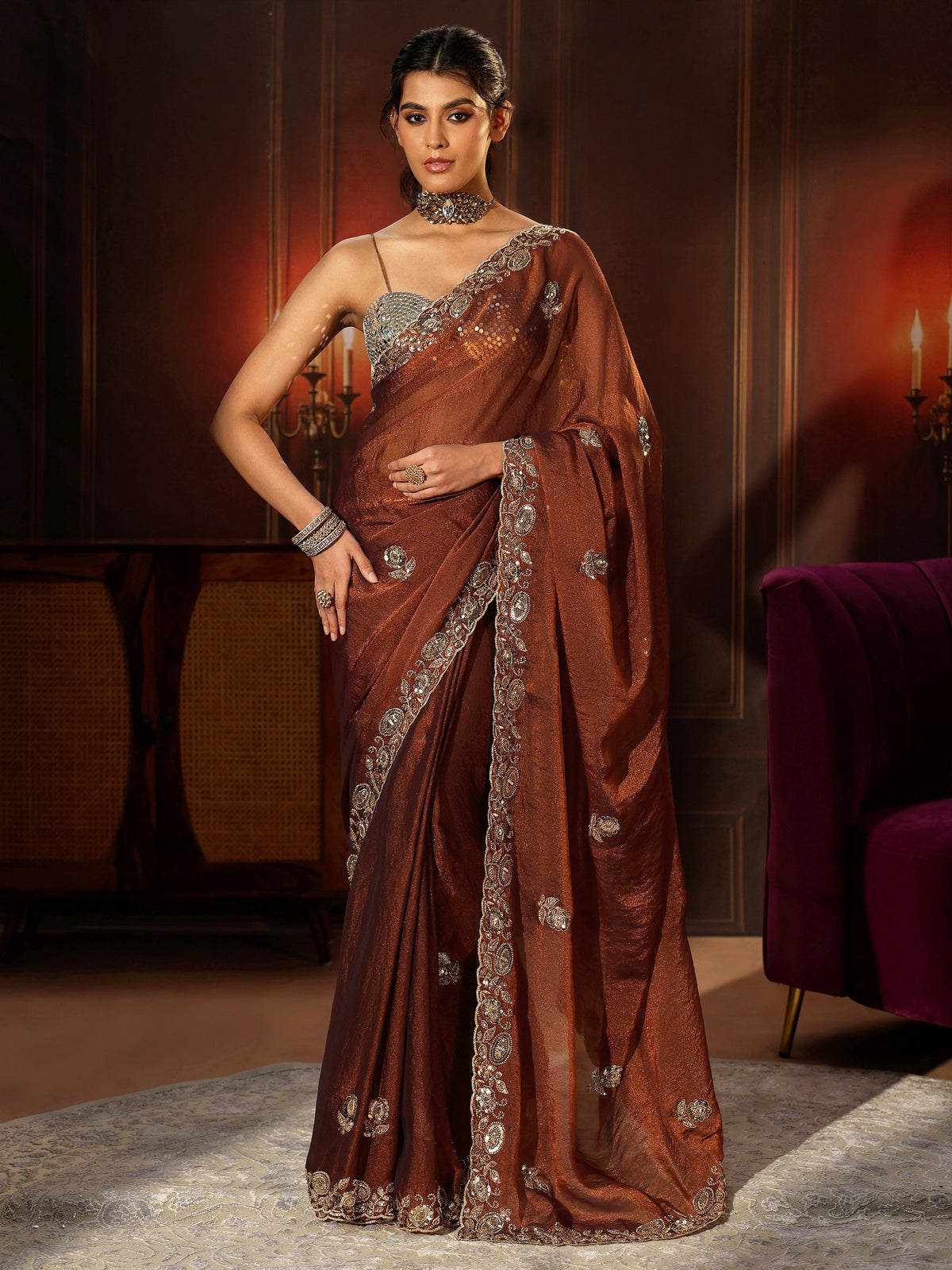 Anouk Art Rust Brown Embellished Tissue Saree