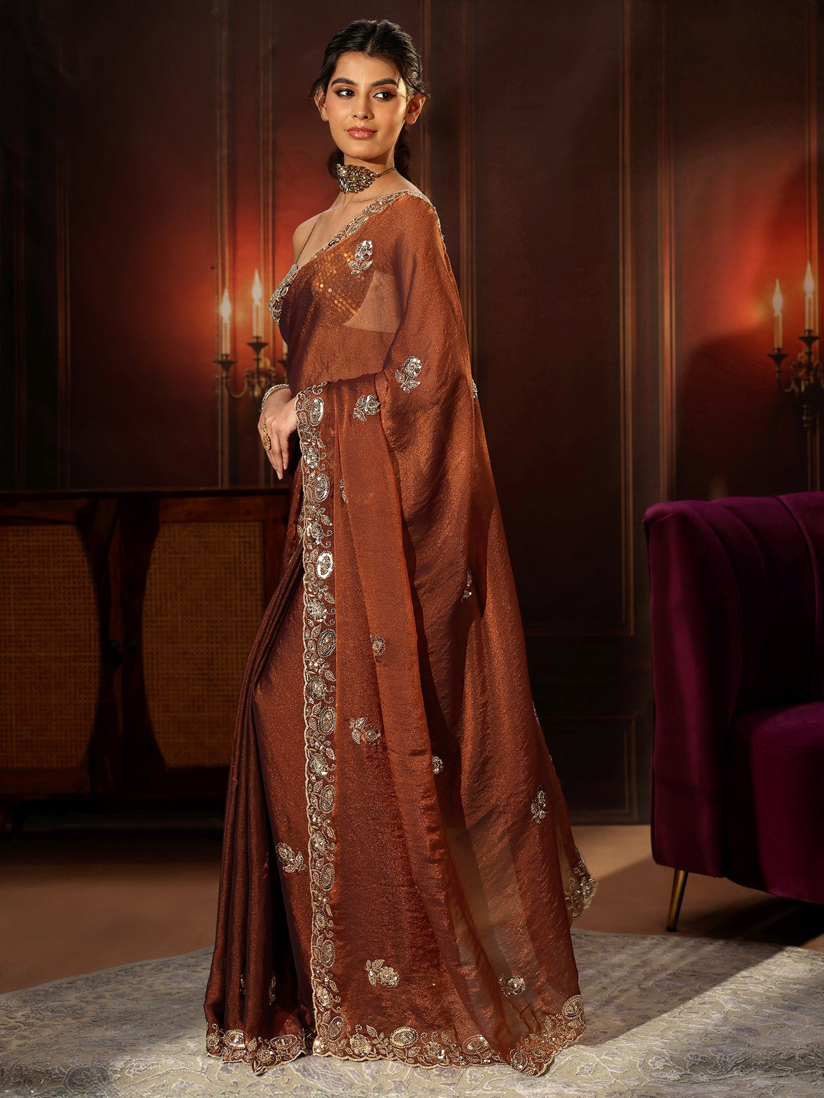 Anouk Art Rust Brown Embellished Tissue Saree