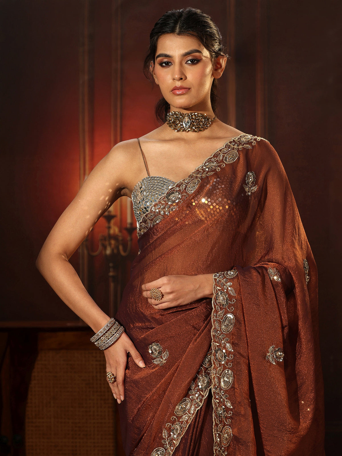 Anouk Art Rust Brown Embellished Tissue Saree