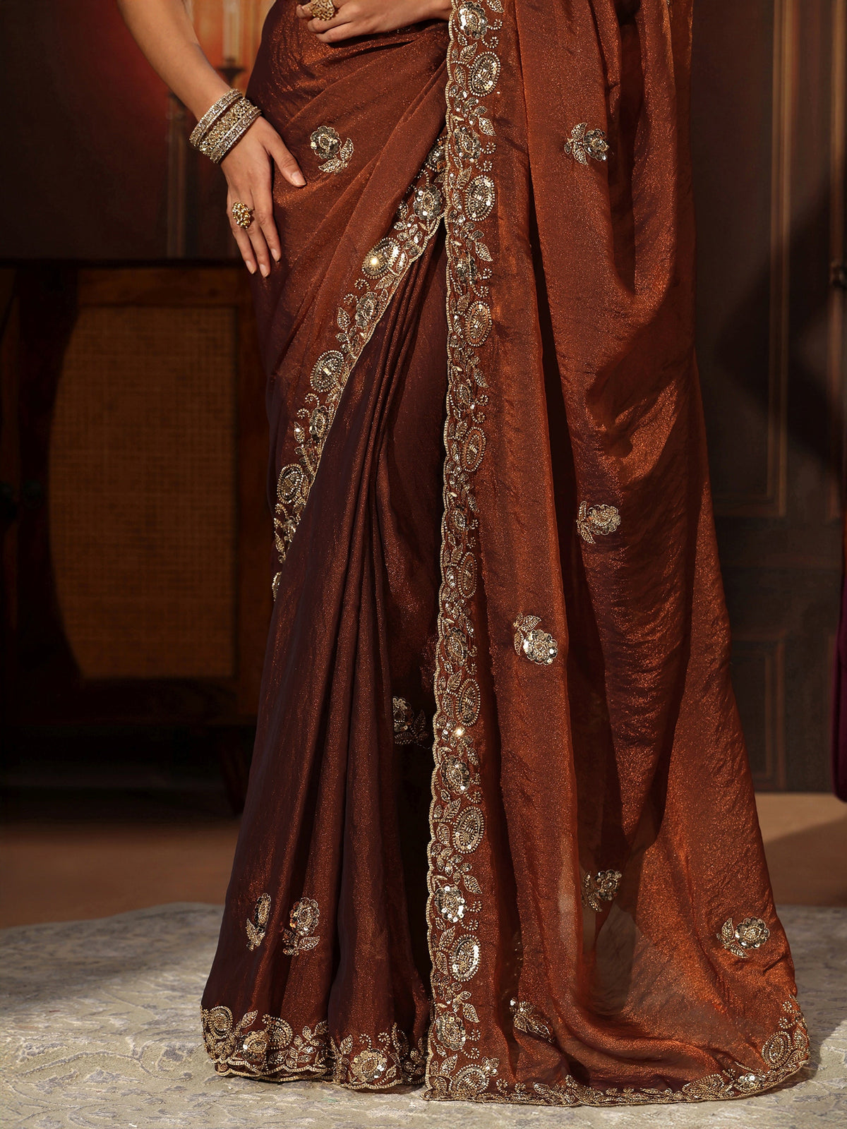 Anouk Art Rust Brown Embellished Tissue Saree