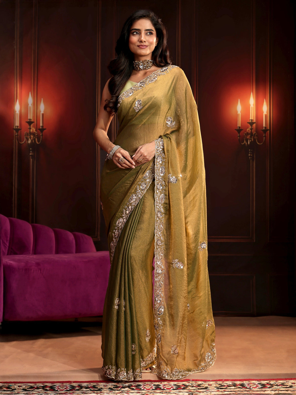 Anouk Art Henna Green Floral Embellished Tissue Saree
