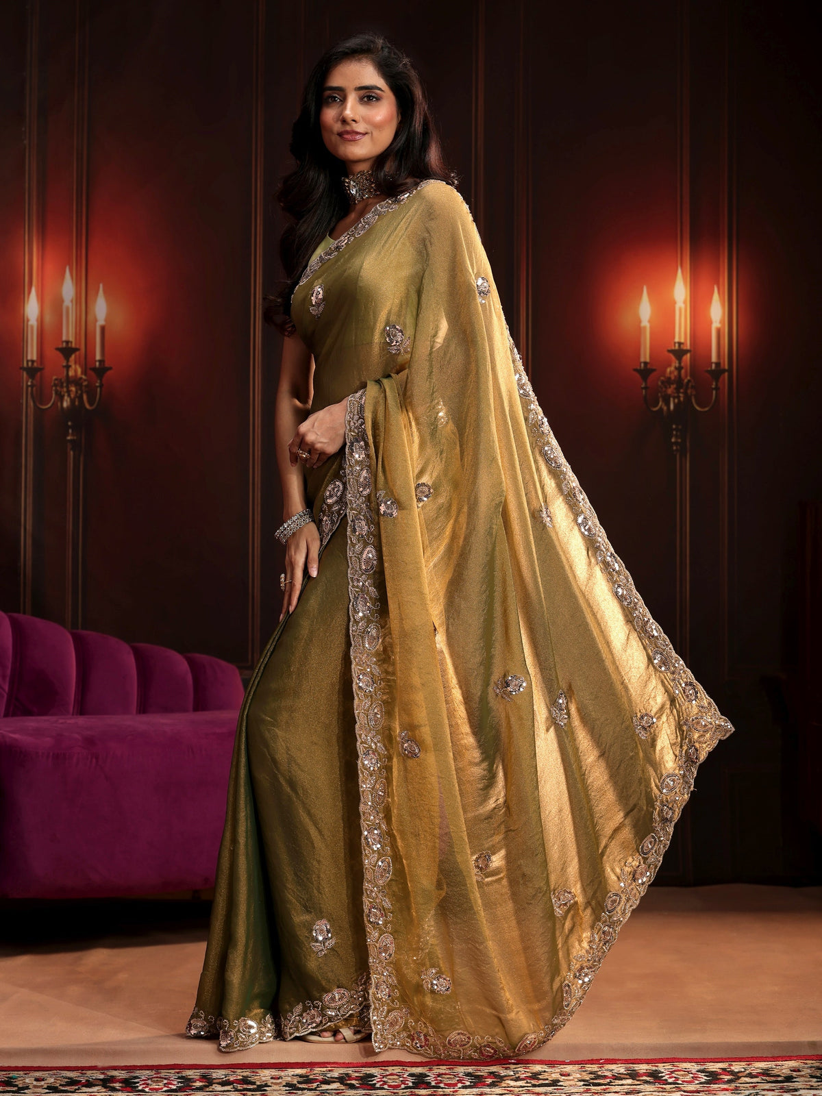 Anouk Art Henna Green Floral Embellished Tissue Saree