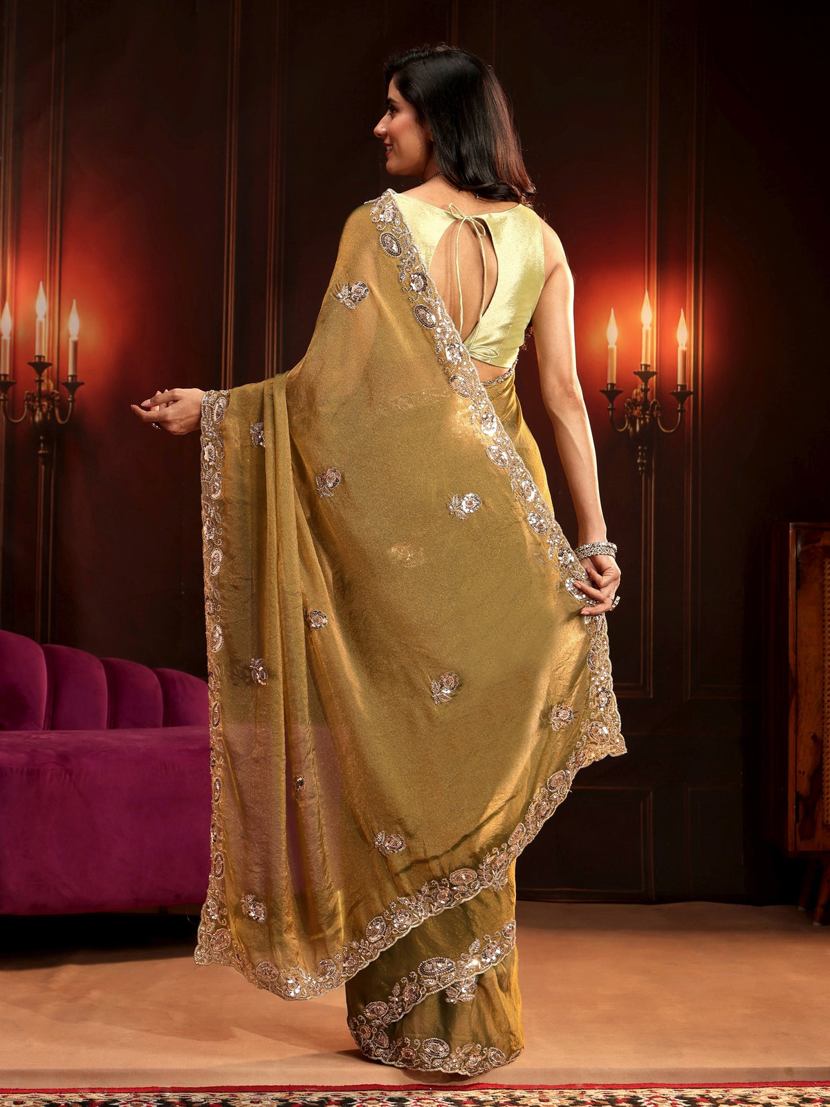 Anouk Art Henna Green Floral Embellished Tissue Saree