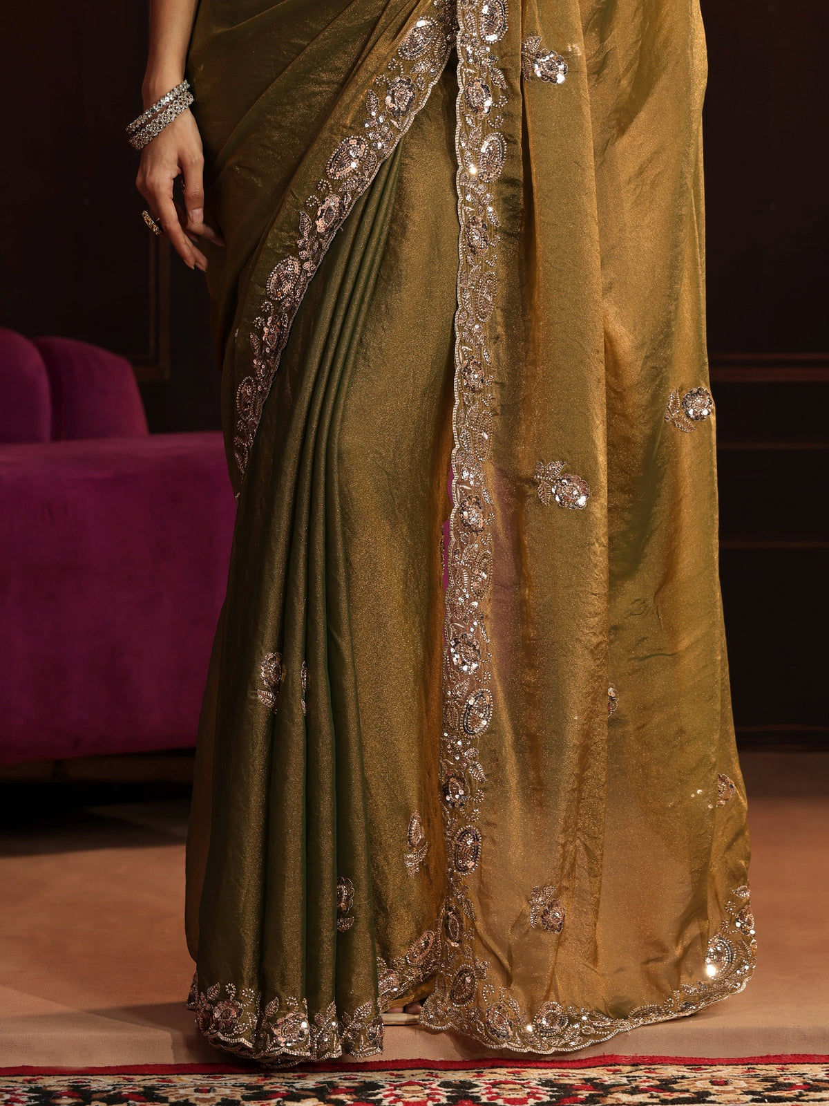 Anouk Art Henna Green Floral Embellished Tissue Saree