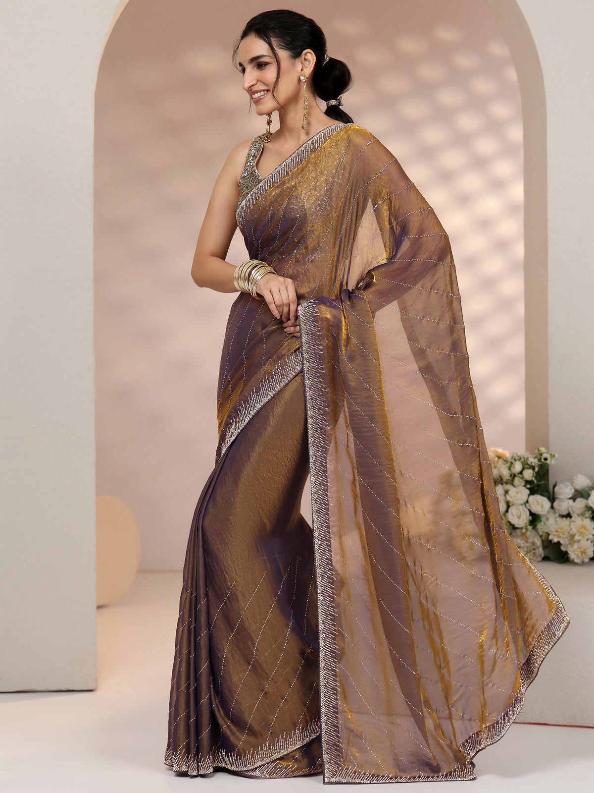 Anouk Lavender Stone Work Striped Embellished Tissue Saree
