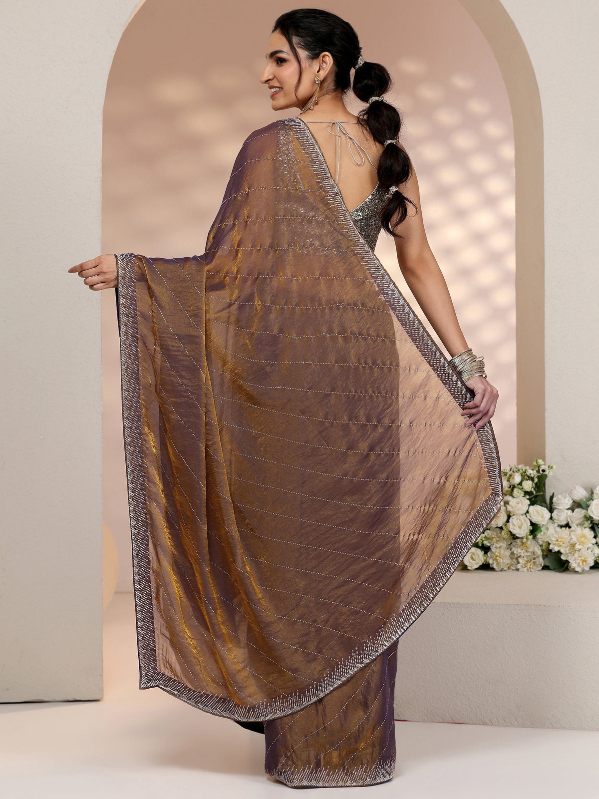 Anouk Lavender Stone Work Striped Embellished Tissue Saree