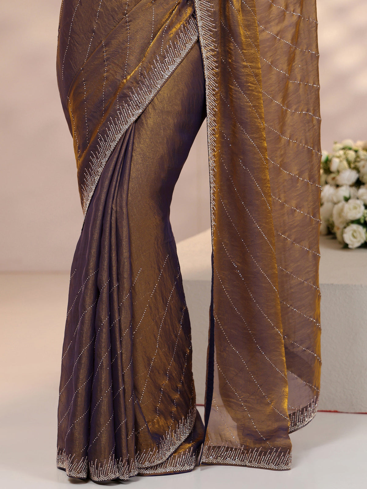 Anouk Lavender Stone Work Striped Embellished Tissue Saree