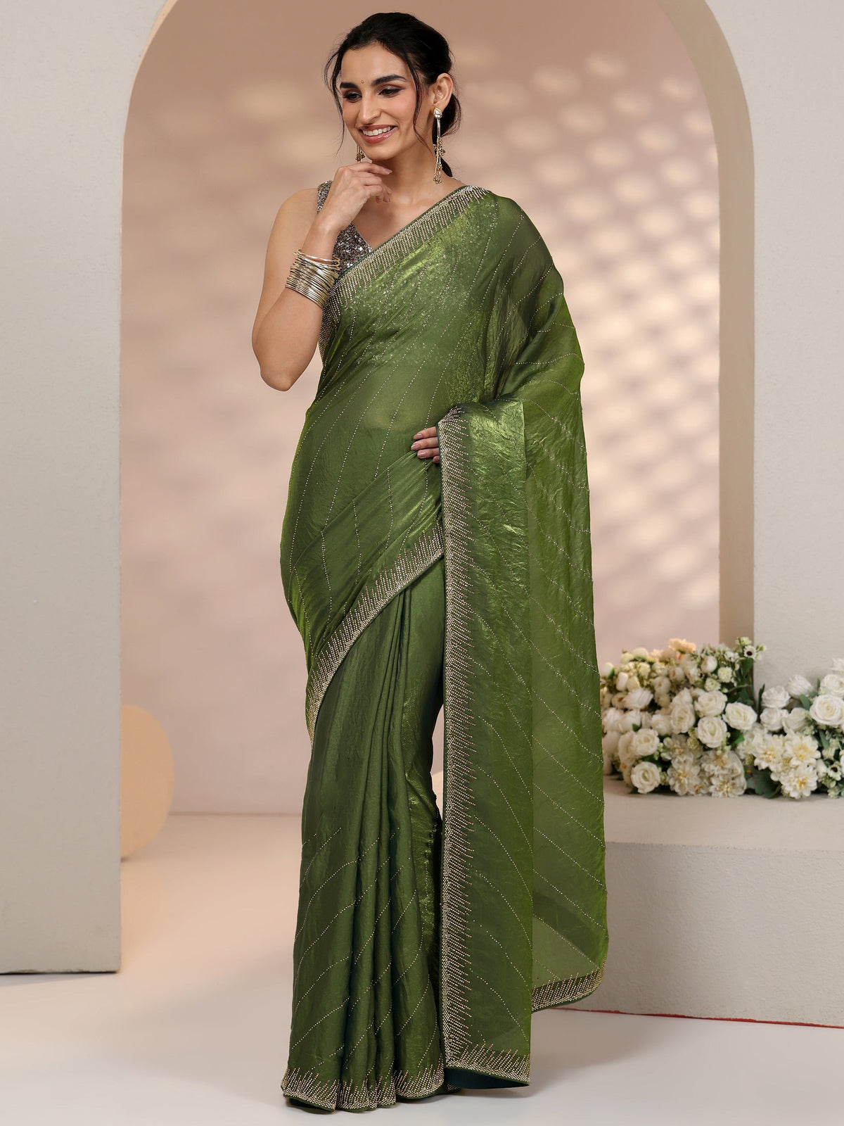 Anouk Olive Green Stone Work Striped Embellished Tissue Saree